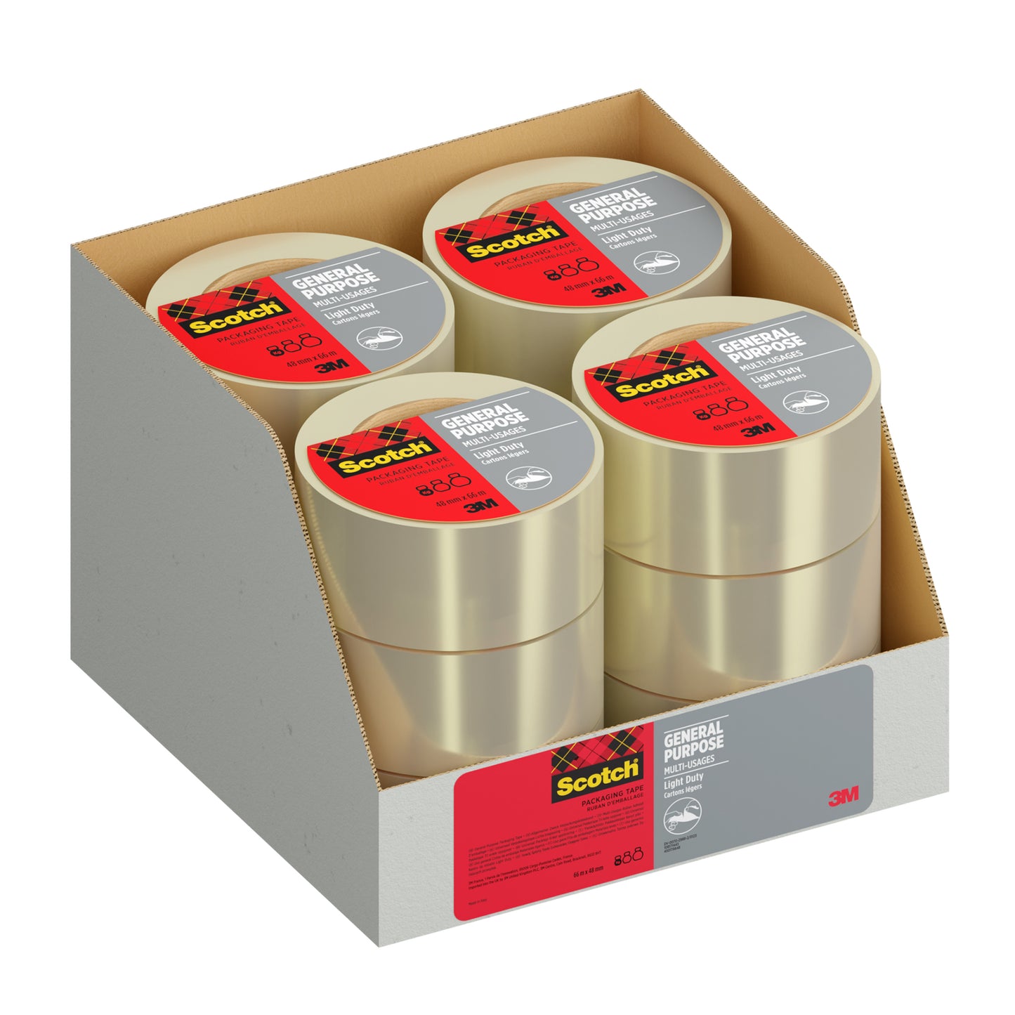 Ein Displaykarton der 3M Deutschland GmbH enthält sechs Rollen Scotch® Allzweck-Klebeband (48 mm x 66 m) mit roten und grauen Etiketten, angeordnet in zwei Dreierreihen. Auf der Verpackung befindet sich das 3M-Logo.