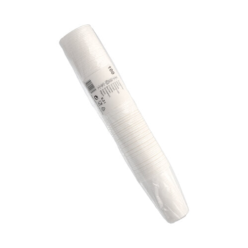 En förpackning med 100 Starpak dricksglas (0,2 l, Ø 7,03 cm, 9,9 cm, vit) av lätt PP, förpackad i transparent folie med streckkod och etikett – perfekt för daglig användning.