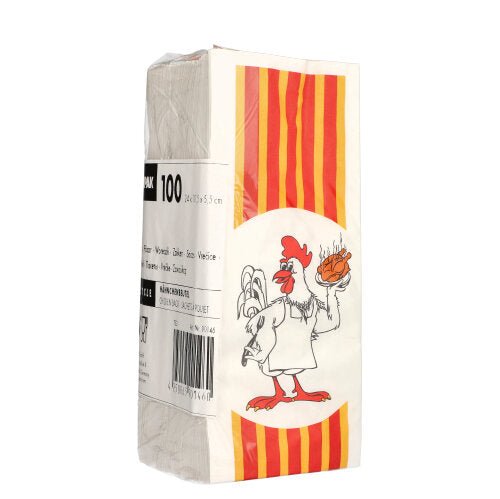 Starpak 100 kycklingpåsar består av rektangulära vita papperspåsar med HDPE-innerfoder, är dekorerade med röd-gula ränder och visar en kyckling med en grillkycklingtallrik. Denna miljövänliga förpackning innehåller 100 grillkycklingpåsar.