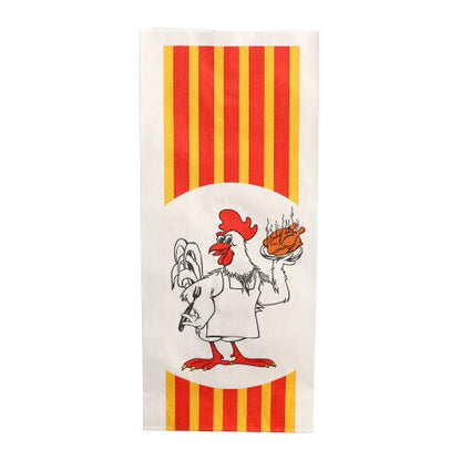 Starpak 100 kycklingpåse av papper med HDPE-inlägg "Grillkyckling" visar ett motiv med röda och gula ränder samt en kyckling i förkläde som håller en rykande grillad kyckling på en tallrik.