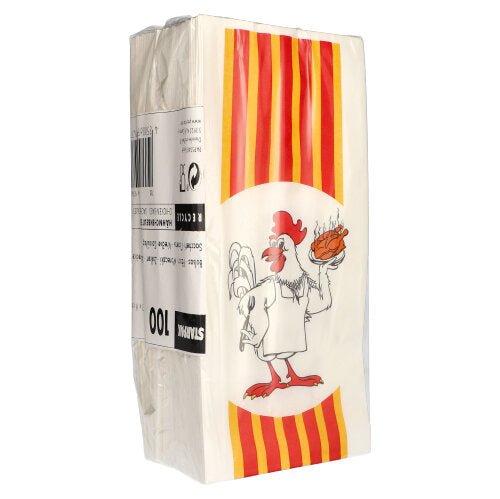 Starpak 100 kycklingpåse har röda och gula längsgående ränder, en kyckling med "Grillkyckling"-skyltsillustration, streckkod och text på sin miljövänliga pappersförpackning med HDPE-innerfolie.