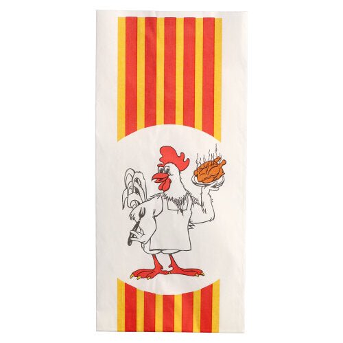 Starpak 100 kycklingpåse, papper med HDPE-inlägg "Grillkyckling", är vit med röda och gula ränder och visar en tecknad kyckling i förkläde som serverar en rykande grillad kyckling.