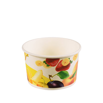 Der Starpak 50 Eisbecher, Pappe rund von Starpak ist ein kleiner, leerer Pappbecher mit buntem Fruchtdesign – Bananen, Erdbeeren, Pflaumen und Pfirsiche auf Weiß – perfekt zum nachhaltigen Servieren von Eis.