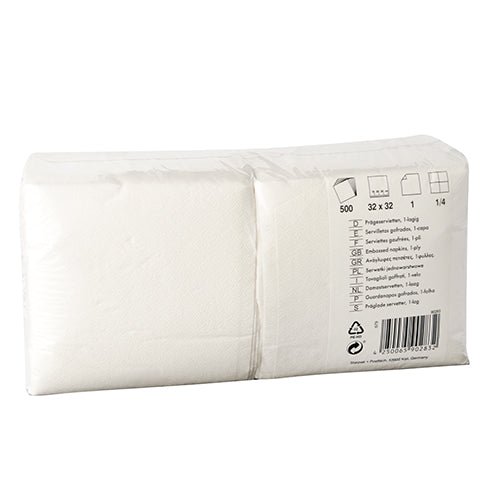 En förseglad förpackning med 500 Starpak-servetter, 1-lagers, 1/4-vikt, 32 x 32 cm, vit (folie), med produktdetaljer som mängd (500 stycken), storlek och material tryckt på sidan.