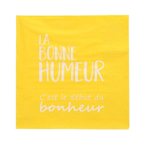 PAPSTAR 20 servetter (33x33 cm, 3-lagers, färgglada) från PAPSTAR GmbH har i mitten av servetten den vita franska texten "LA BONNE HUMEUR C'est le début du bonheur".