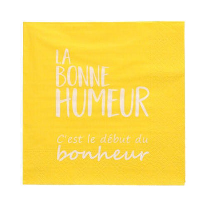 PAPSTAR 20 servetter (33x33 cm, 3-lagers, färgglada) från PAPSTAR GmbH har i mitten av servetten den vita franska texten "LA BONNE HUMEUR C'est le début du bonheur".