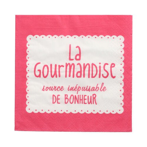 Dessa PAPSTAR 20 servetter (33x33 cm, 3-lagers, färgglada) från PAPSTAR GmbH är försedda med en rosa-vit vågkant och den franska frasen "La Gourmandise, source inépuisable de bonheur" - en livlig touch för varje tillfälle.