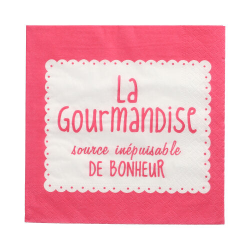 Diese PAPSTAR 20 Servietten (33x33 cm, 3-lagig, bunt) der PAPSTAR GmbH sind mit einem rosa-weißen Wellenrand und dem französischen Spruch "La Gourmandise, source inépuisable de bonheur" versehen - eine lebendige Note für jeden Anlass.