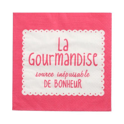 Dessa PAPSTAR 20 servetter (33x33 cm, 3-lagers, färgglada) från PAPSTAR GmbH är försedda med en rosa-vit vågkant och den franska frasen "La Gourmandise, source inépuisable de bonheur" - en livlig touch för varje tillfälle.
