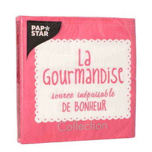 En rosa förpackning PAPSTAR 20 servetter, 33x33 cm, 3-lagers, med vit vågig etikett med texten "La Gourmandise, source inépuisable de bonheur." Uppe till vänster står "PAP STAR", och nere står "Collection".