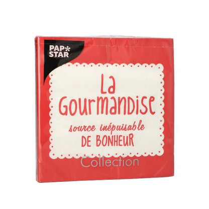 Die PAPSTAR 20 Servietten, 33x33 cm, 3-lagig, rot der PAPSTAR GmbH sind mit dem Schriftzug "La Gourmandise source inépuisable de bonheur" auf der Vorderseite versehen - perfekt, um Ihrem Tisch einen stilvollen Touch zu verleihen.