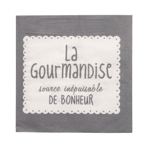 Grå 3-lagers PAPSTAR servett (33x33 cm, 1/4 vikt) med vit rektangel och fransk text "La Gourmandise source inépuisable de bonheur". Märke: PAPSTAR GmbH. Förpackning med 20 stycken.