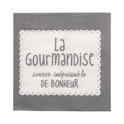 Grå 3-lagers PAPSTAR servett (33x33 cm, 1/4 vikt) med vit rektangel och fransk text "La Gourmandise source inépuisable de bonheur". Märke: PAPSTAR GmbH. Förpackning med 20 stycken.