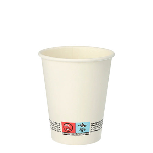 Starpak 20 drickmugg "To Go" av återvinningsbar kartong (0,2 l, Ø 8-9,1 cm) visar varningsmeddelanden och symboler nära botten och presenteras mot en vit bakgrund.