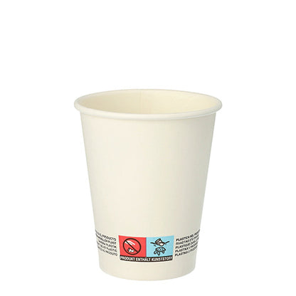 Starpak 20 drickmugg "To Go" av återvinningsbar kartong (0,2 l, Ø 8-9,1 cm) visar varningsmeddelanden och symboler nära botten och presenteras mot en vit bakgrund.