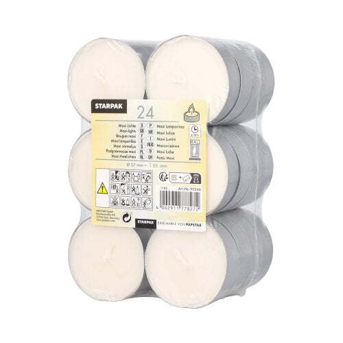 En förpackning av genomskinlig plastkrympfolie innehåller 24 vita Starpak Maxi Ljus-teeljus (Ø 57 mm × 22 mm) i silverbägare med en gul-vitt etikett med produktinformation och säkerhetssymboler.