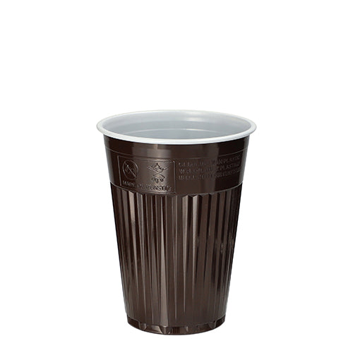 Der Starpak 100 Thermo-Automatenbecher (PS, 0,18 l, Ø 7,03 cm, 9 cm) in Braun/Weiß mit geriffelter Außenseite und glatter Innenseite steht aufrecht – ideal, um Getränke unterwegs warm zu halten. Lieferung im 100er-Pack.