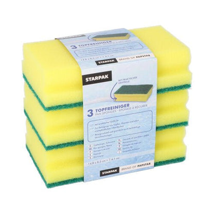 Ett paket med 3 rektangulära gul/gröna Starpak Jumbo-svampar med greppspår och reptålig yta (4,1 x 14,8 x 8,5 cm), i en banderoll, idealisk för effektiv rengöring av kastruller och stekpannor.
