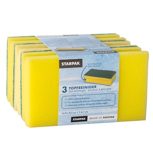 Ett paket med tre rektangulära Jumbo-svampar (4,1 x 14,8 x 8,5 cm, gul/grön, med greppspår, skrubbyta) från Starpak Topfreiniger, flerspråkigt märkt för effektiv rengöring.
