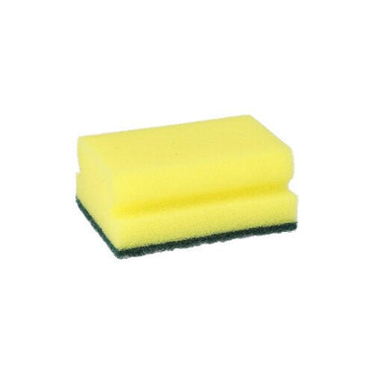 En rektangulär gul/grön repande svamp från Starpak med greppspår, storlek 4,1 x 9,5 x 6,8 cm, från setet „Starpak 6 Grytrengörare“, avbildad på vit bakgrund.