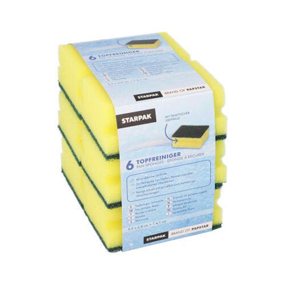 Ett paket med sex rektangulära gul/gröna grytrengöringssvampar från Starpak med greppspår (4,1 x 9,5 x 6,8 cm, reptålig), staplade i en transparent förpackning med en blå banderoll med produktinformation.