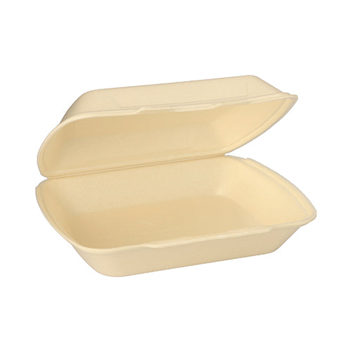 En Starpak-menylåda XPS för avhämtning (7,5 cm x 24,3 cm x 20,8 cm) från setet "Starpak 100 menylådor med gångjärnslock" visas öppnad och tom på vit bakgrund och visar sin beige rektangulära design.