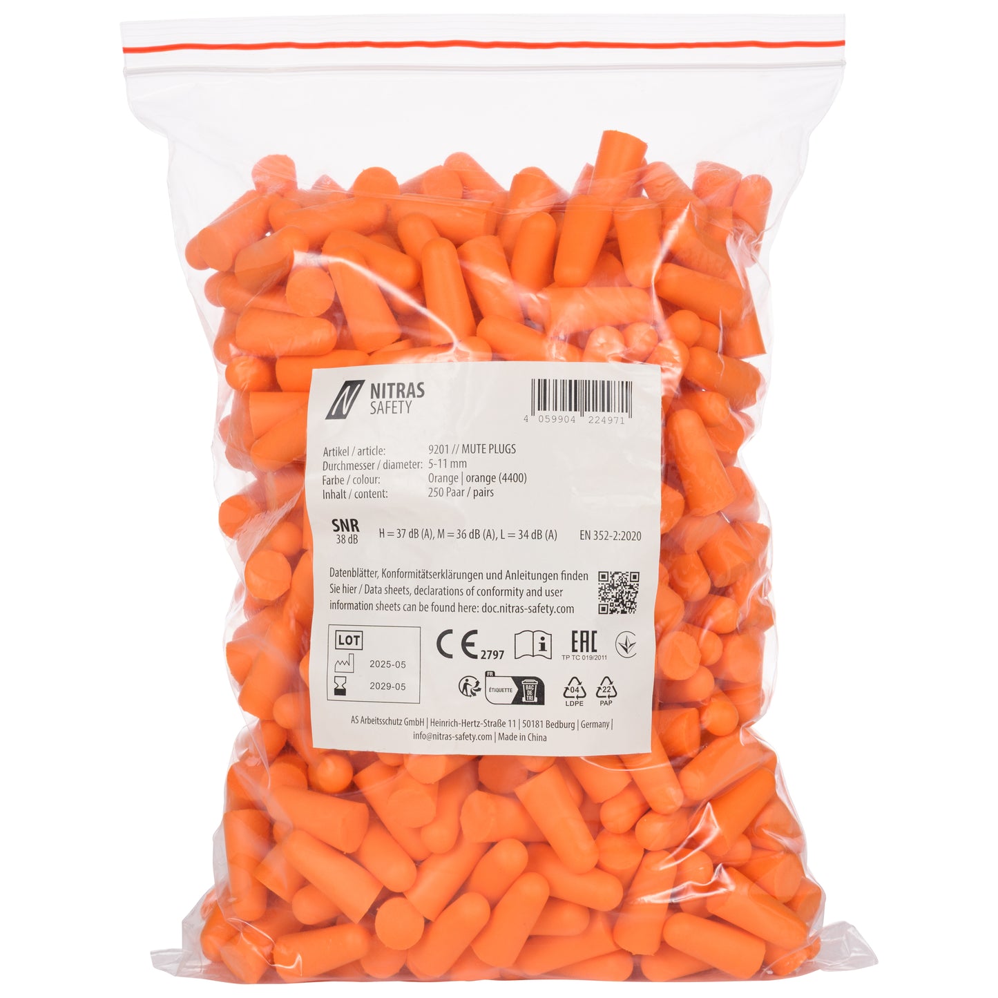 NITRAS MUTE PLUGS, öronproppar, orange, EN 352-2, 250 par / polybag PU | Förpackning (1 st)