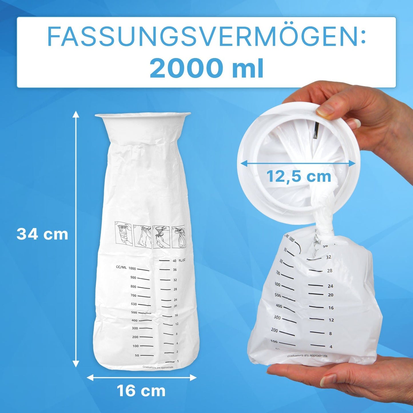 Der ARNOMED Spuckbeutel mit Verschlussring von ARNOWA GmbH (25 Stück) ist ein weißer, hygienischer Beutel (34 x 16 cm) mit 12,5 cm Öffnung und Messskala bis 2000 ml - ideal als medizinisches Zubehör oder Spuckbeutel.