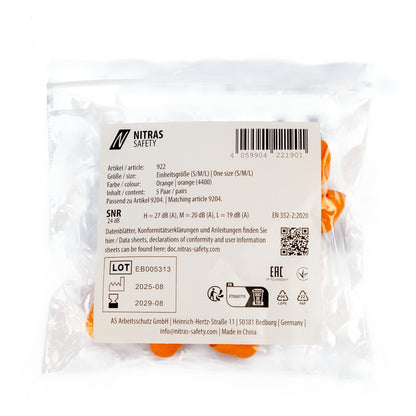NITRAS öronproppar, orange, EN 352, polyväska med 5 par | Förpackning (1 st)