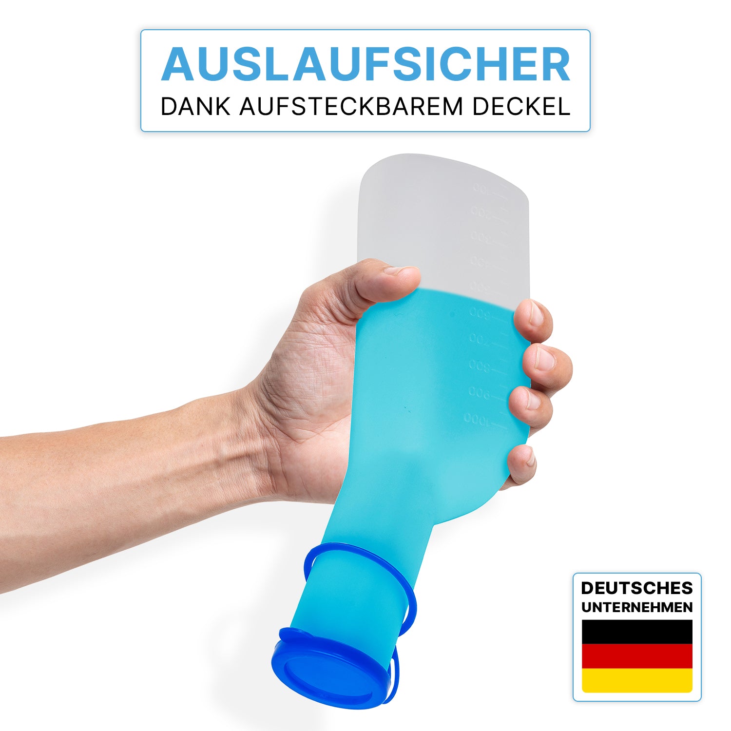 Eine Hand hält die ARNOMED Urinflasche ECO Herren von ARNOWA GmbH mit hygienisch durchsichtigem Deckel; oben betont deutscher Text das auslaufsichere Design, unten rechts ist das ARNOWA-Logo mit deutscher Flagge sichtbar.
