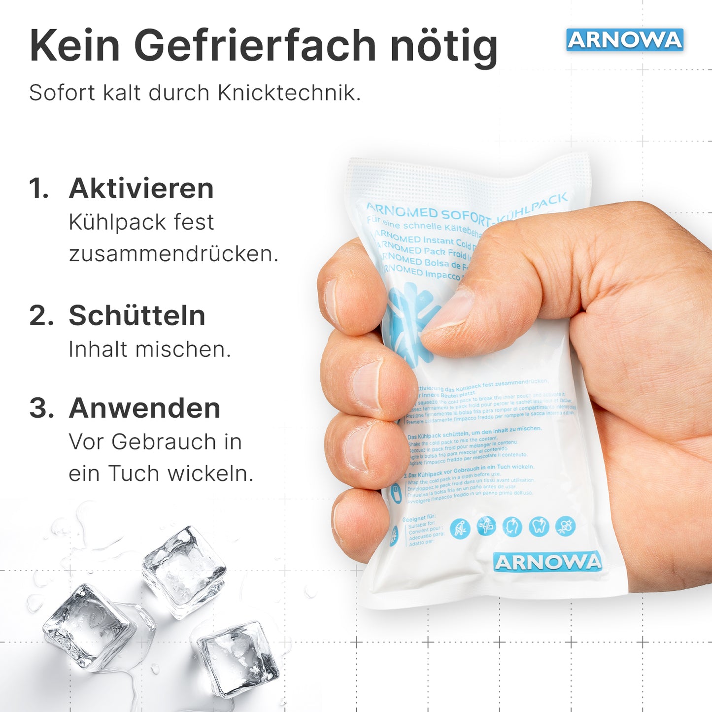 Eine Hand drückt eine weiße ARNOMED SOFORTKÄLTEKOMPRESSE der ARNOWA GmbH neben einer deutschen Aktivierungs- und Gebrauchsanweisung, mit Eiswürfeln und einer Handtuchabbildung zur Anwendung in der Kältetherapie am unteren Rand.
