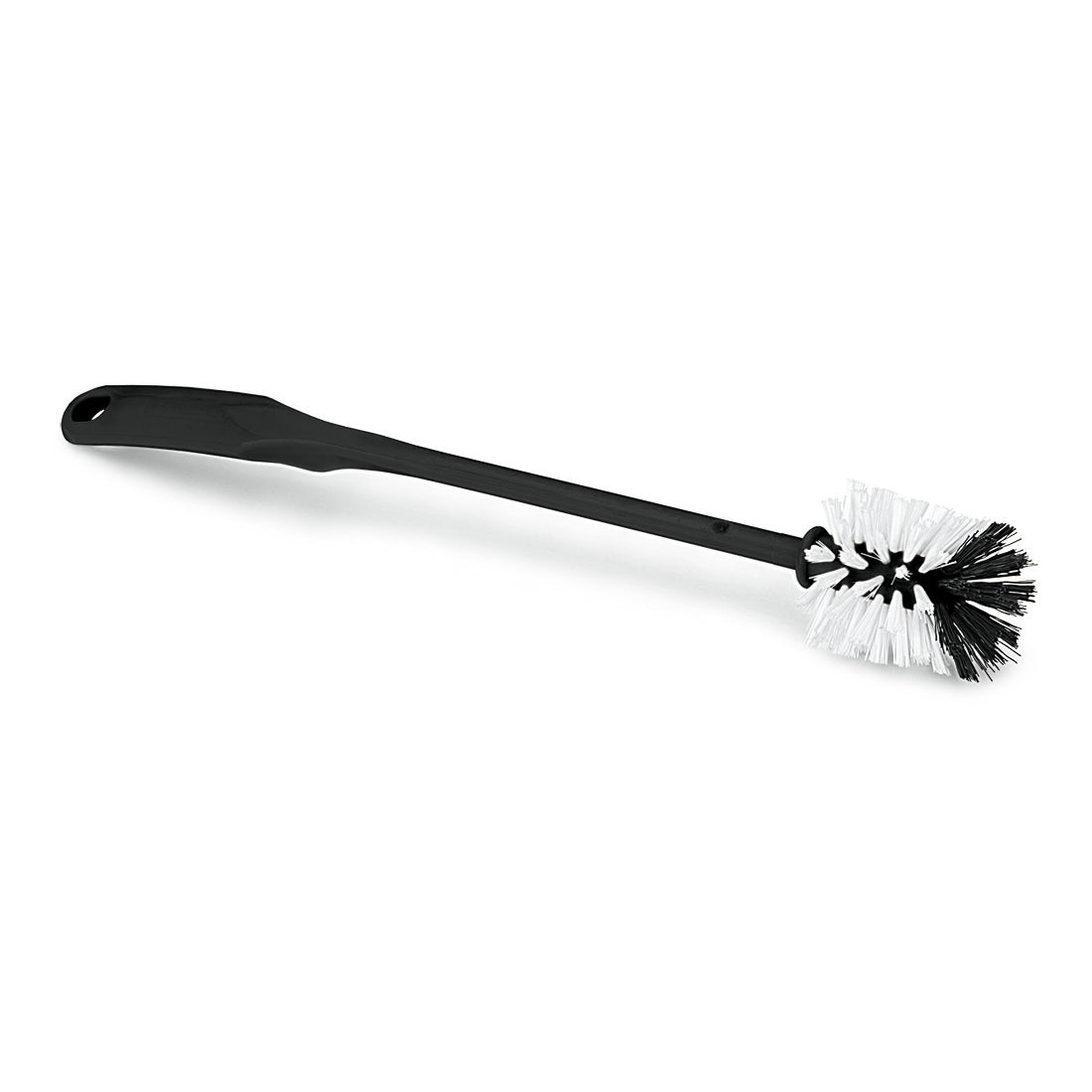 Nölle Profi Brush urinalborsten av återvunnen plast från Nölle Profi Brush Bürsten- & Pinseltechnik e.K. har ett långt svart handtag och ett runt huvud med vita och svarta borst, som är avbildade på en enkel vit bakgrund.