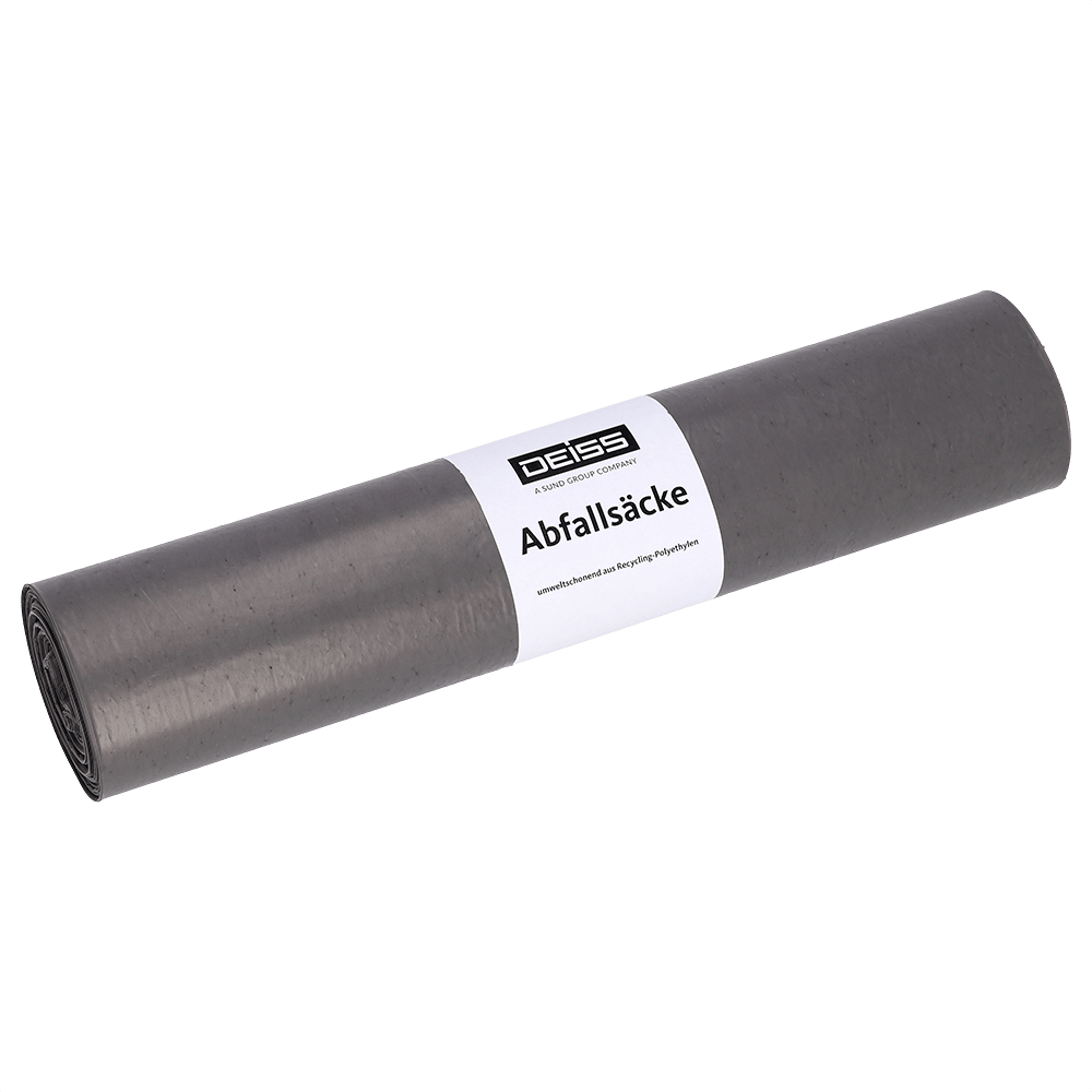 Avbildad är en rulle EMIL DEISS KG (GmbH + Co.) DEISS 94007 grå soppåsar (660x800x0,05 mm, 25 stycken) med vit "DEISS Abfallsäcke"-etikett på enfärgad vit bakgrund.