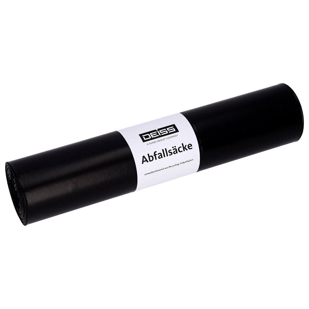En svart rulle EMIL DEISS KG (GmbH + Co.) soppåsar med texten "DEISS 95059 - 600x700 mm Typ 60 svart | Rulle (25 stycken)" ligger på en enkel, ljus bakgrund.