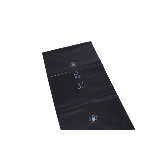 Flache, rechteckige DEISS 95076 Müllsäcke von EMIL DEISS KG (GmbH + Co.) aus robustem schwarzen Kunststoff, bedruckt mit weißen Symbolen und der Zahl 35, liegen auf weißem Hintergrund - ideal für die gewerbliche Entsorgung.
