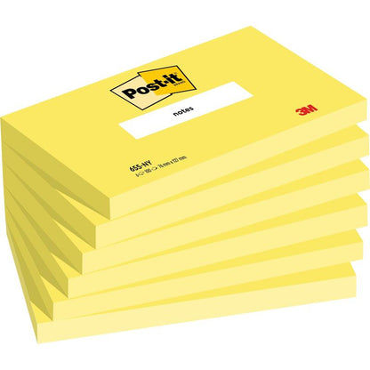 Avbildad är en stapel med sex gula Post-it® Notes (76 mm x 127 mm, 100 blad/block, 100% PEFC) från 3M Deutschland GmbH med Post-it®-logotypen och en "notes"-etikett upptill och 3M-logotypen i det nedre högra hörnet.