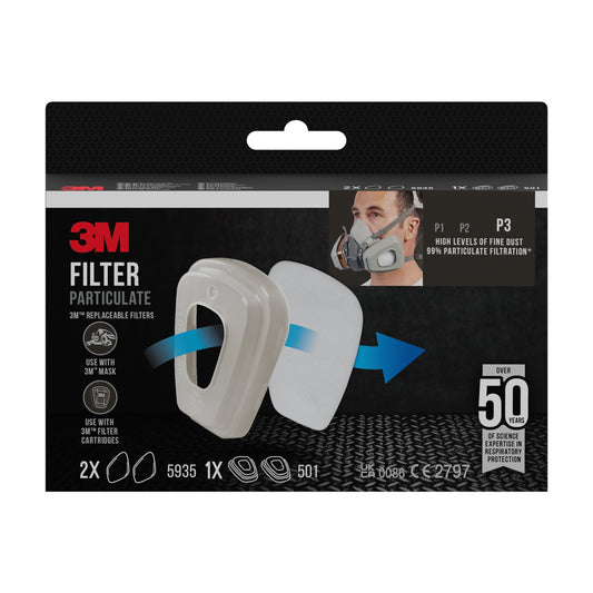 Rechteckige Packung von 3M™ Partikelfilter 5935, P3 (2 Paar), plus Filterhalterung 501 (1 Paar), von 3M Deutschland GmbH. Zeigt zwei weiße Filter und Halterung, mit Gebrauchsanweisung und Infos zum Schutz vor Feinstaub.