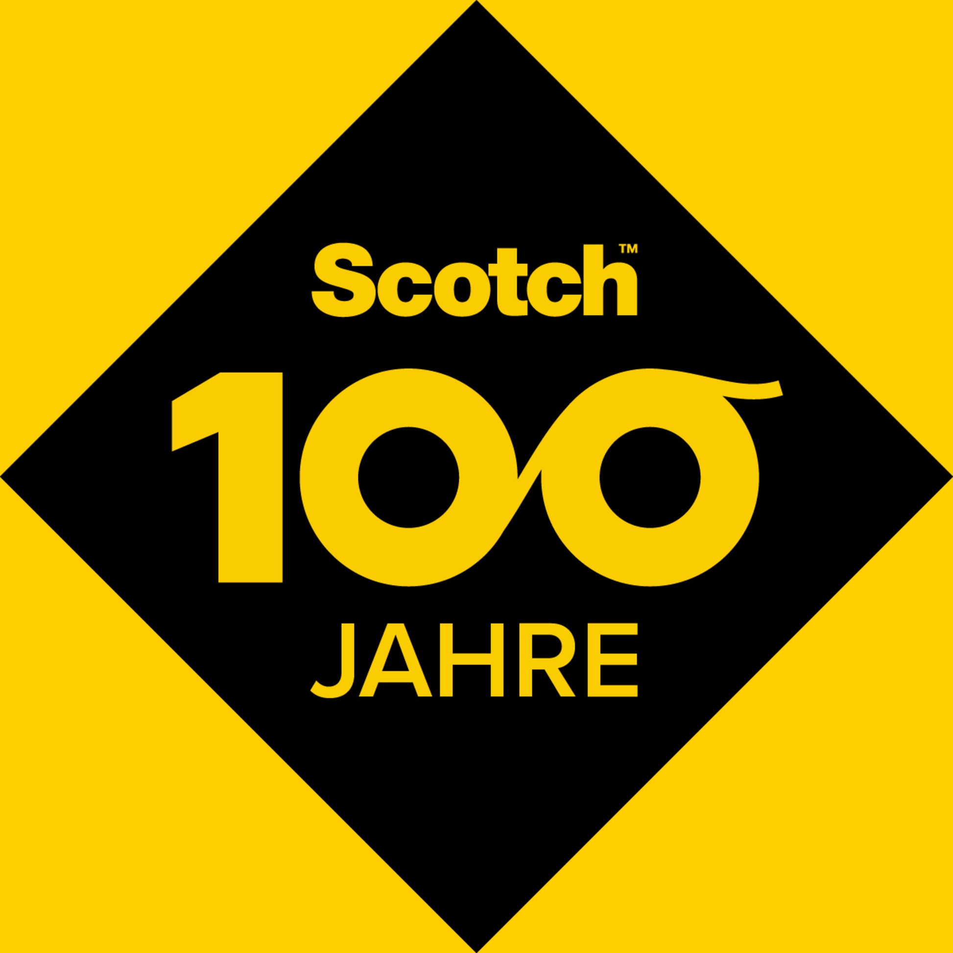 Das Scotch® Extra starkes Verpackungsklebeband (Braun, 48 mm x 20,3 m) der 3M Deutschland GmbH ist mit einem gelb-schwarzen "Scotch"-Logo, einer großen verbundenen "100" und "Jahre" für 100 Jahre gekennzeichnet. Die Packung enthält 1 Rolle mit Handabroller.
