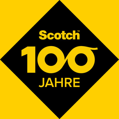 Eine gelbe Raute mit einem schwarzen Quadrat zeigt "Scotch 100 Jahre" in Gelb, mit 100 als Unendlichkeitszeichen - ideal, um Innovationen wie das Scotch® selbstverschweißende Reparaturband GFNSP 4704 von 3M Deutschland GmbH zu feiern.