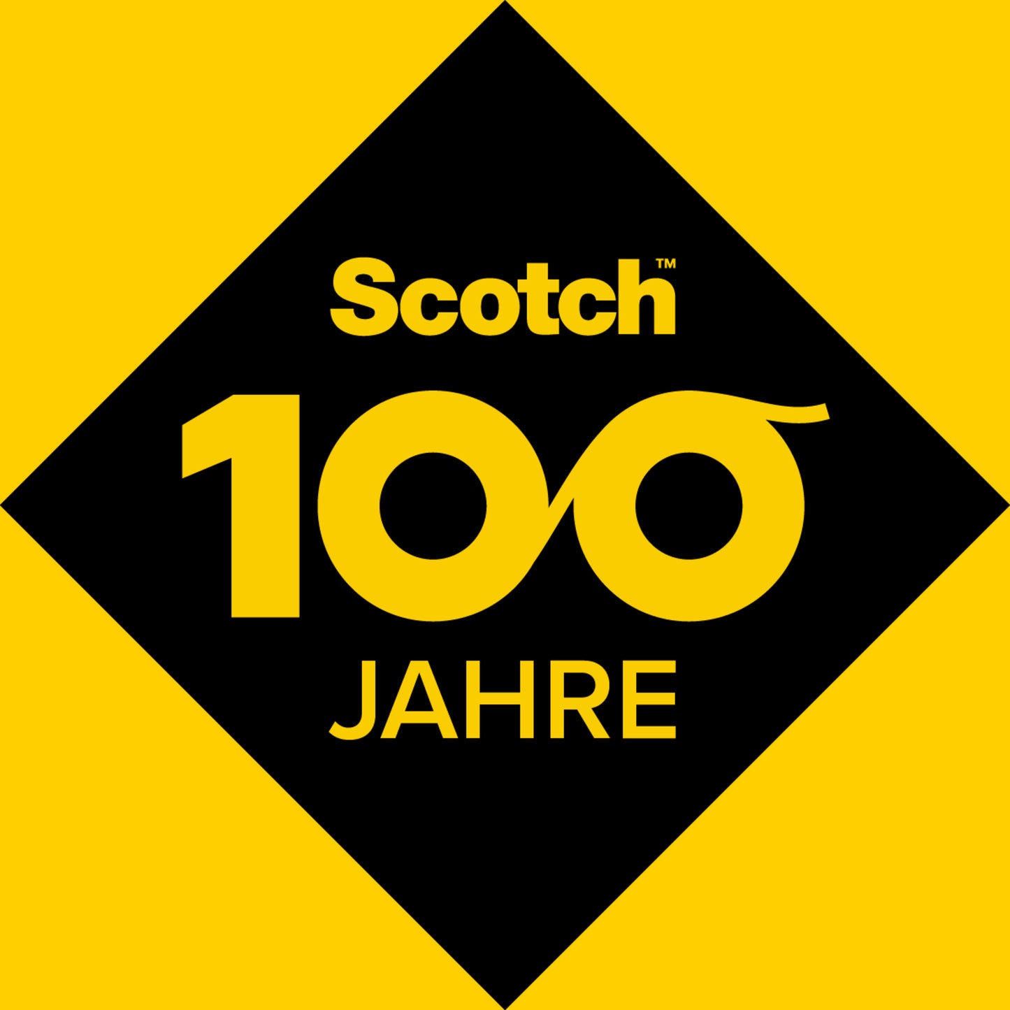 Eine schwarze Raute auf Gelb zeigt "Scotch 100 Jahre" in Gelb; die "00" in "100" ist wie eine Rolle Scotch® Aluminium-Klebeband 47011548, 48 mm x 15 m (3M Deutschland GmbH) gestaltet.
