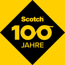 Eine gelb-schwarze Grafik mit dem Scotch-Logo und "100 Jahre" in einer schwarzen Raute feiert 100 Jahre starke Klebe-Innovation durch das Scotch® doppelseitige Klebeband UNIVERSAL, 7 m x 50 mm der 3M Deutschland GmbH.