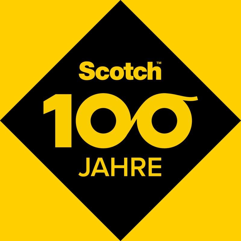 En svart romb med gul "Scotch 100 ÅR"-text och oändligt många nollor lyfter fram Scotch® Magic™-tejpen (19 mm x 20 m, 66 % växtbaserat lim) samt en dispenser av återvunnet material, från 3M Deutschland GmbH.