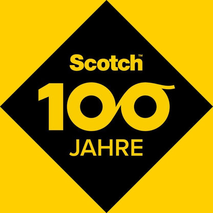 En svart romb med gul "Scotch 100 ÅR"-text och oändligt många nollor lyfter fram Scotch® Magic™-tejpen (19 mm x 20 m, 66 % växtbaserat lim) samt en dispenser av återvunnet material, från 3M Deutschland GmbH.