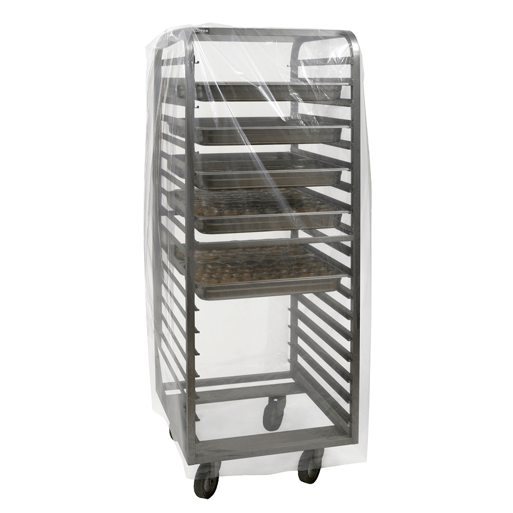 Ett bageriställ av metall med flera hyllor täcks av ett transparent DEISS 99261 (950+750x1800x0,03 mm) hordenvagnsskydd från EMIL DEISS KG, som framhäver livsmedelssäkerheten i en enkel vit färg.