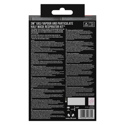 Rückseite einer 3M™ Filtersatz 6002-1SP, A2P2 organische Dämpfe (2x6055, 2x5925, 2x501) Packung der 3M Deutschland GmbH mit Produktdetails, Anweisungen, Warnhinweisen, Symbolen und Barcode auf schwarzem Hintergrund.