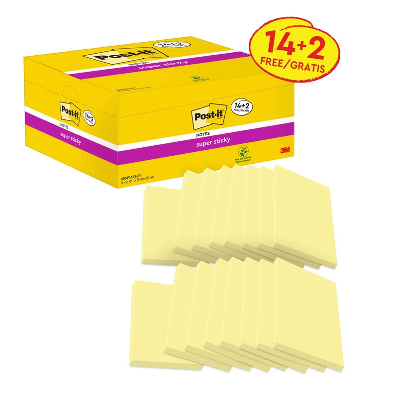 Ett paket 3M Post-it® Super Sticky Notes, Gul, 76x127mm, 90 blad/block, med 14 block plus 2 gratis (totalt 16), är idealiska återanvändbara klisterlappar från 3M Deutschland GmbH, PEFC-certifierade.