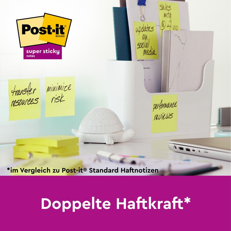 En vit organisatör med mappar och anteckningar står på ett skrivbord. På ett glas är flera 3M Sverige AB Post-it® Super Sticky Notes, 76 mm x 76 mm, 90 blad/block med handskrivna anteckningar fästa. En liten vit sköldpaddsfigur finns också på skrivbordet. Den svenska texten är överlagrad.
