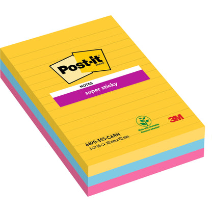Eine Packung Post-it® Super Sticky Notes, liniert und im Großformat (101 mm x 152 mm, 90 Blatt/Block), von 3M Deutschland GmbH. Hergestellt aus 100% PEFC-zertifiziertem Papier. Farben: gelb, blau und rosa; Verpackung mit umweltfreundlichem Etikett.