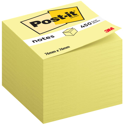 Der Post-it® Notes Würfel 636-B von 3M Deutschland GmbH in Gelb enthält 450 selbstklebende Zettel (76 x 76 mm) aus 100% PEFC-zertifiziertem Papier. Die oberste Seite zeigt Produktinfos und das Post-it sowie das 3M Logo.