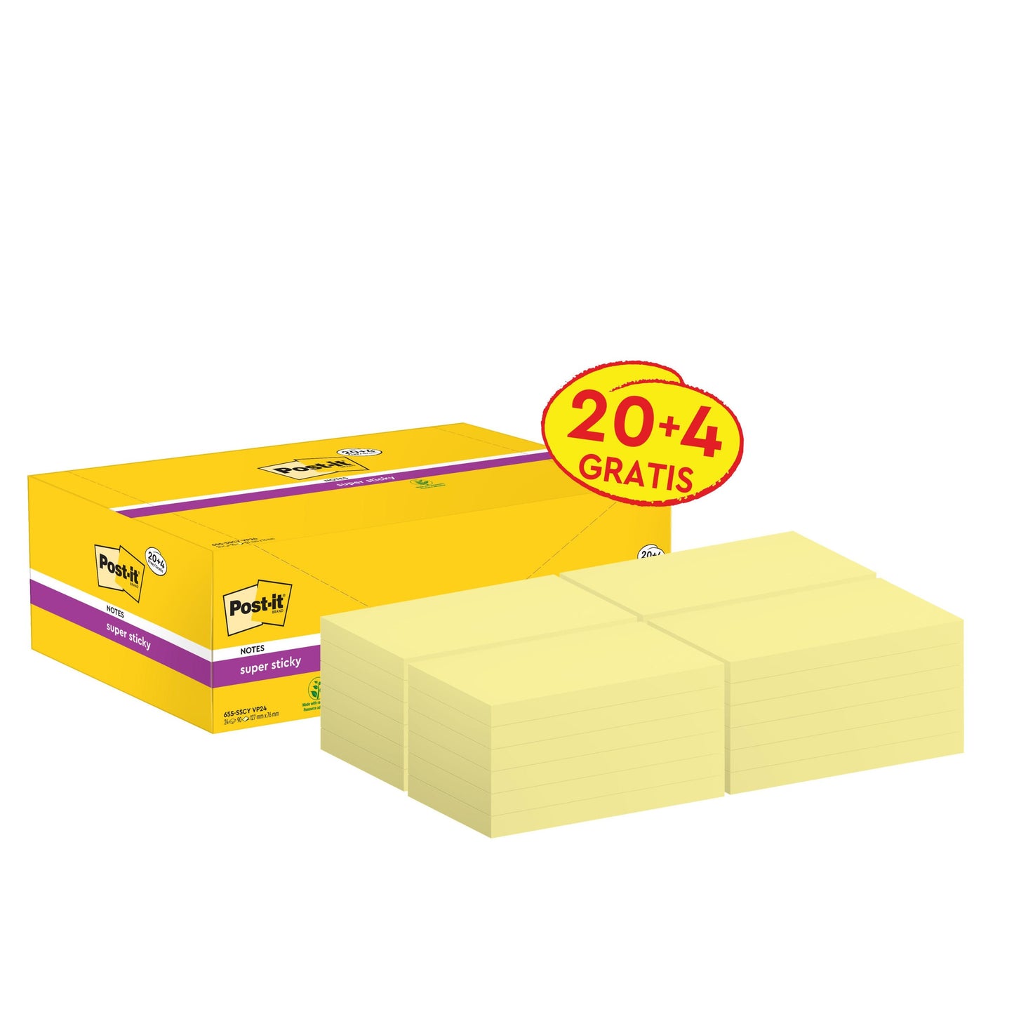 Abgebildet ist eine gelbe rechteckige Schachtel mit 3M Post-it® Super Sticky Notes, gelb, 76 x 127 mm, 90 Blatt/Block, 24 Blöcke/Packung mit mehreren Stapeln davor; die Schachtel ist mit dem Etikett "20+4 Gratis" versehen.